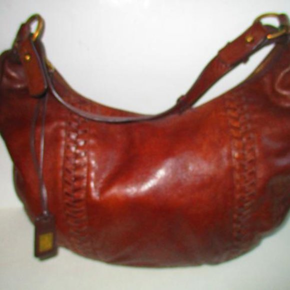 *Ralph Lauren Pebbled Braided Satchel Dark Brown Leather Hobo Bag